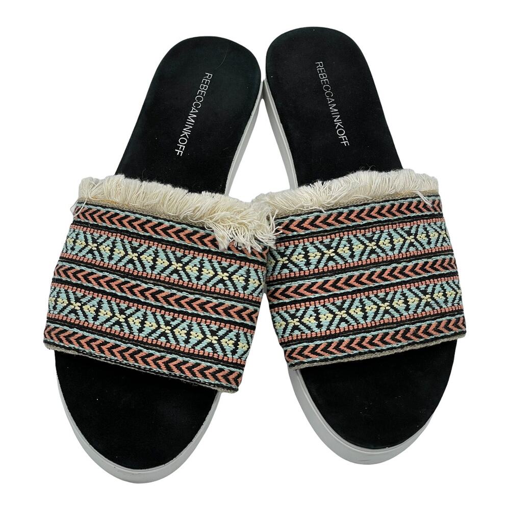 Rebecca Minkoff Printed Fringe Trim Slide Sandals - 9